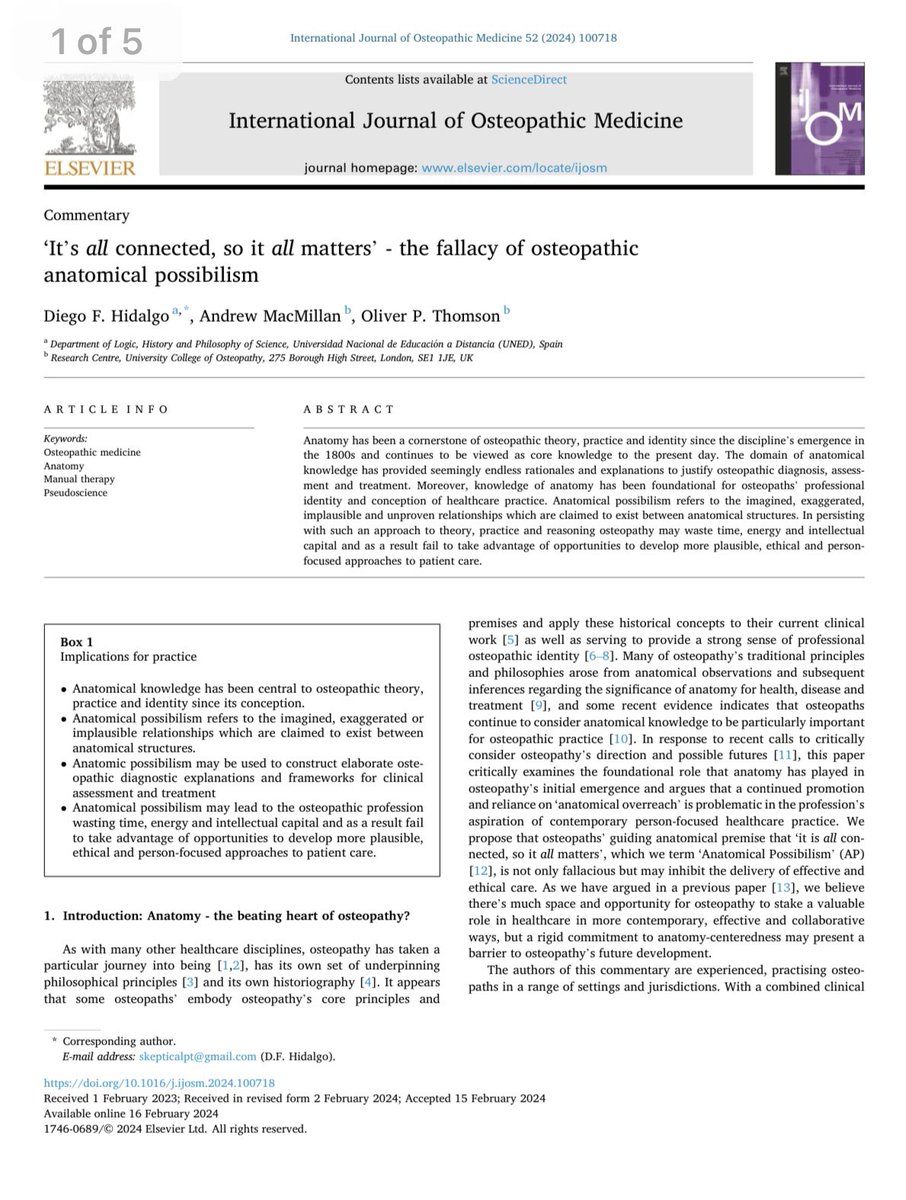 Anatomy has been central to osteopathic theory & practice Anatomical possibilism refers to the imagined, exaggerated & implausible relationships claimed to exist between anatomical structures with @PhysioSkeptical @AndrewM99816973 @IntJournalOsteo 👇🏻 authors.elsevier.com/c/1ioHi6D0fPz~…