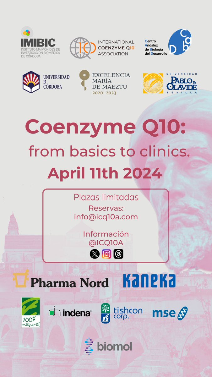 Workshop 'Coenzyme Q10: from basics to clinics' 📅 11 de abril 📌Salón de Actos del @IMIBIC Inscripciones y más información 👉 acortar.link/dDIkdf
