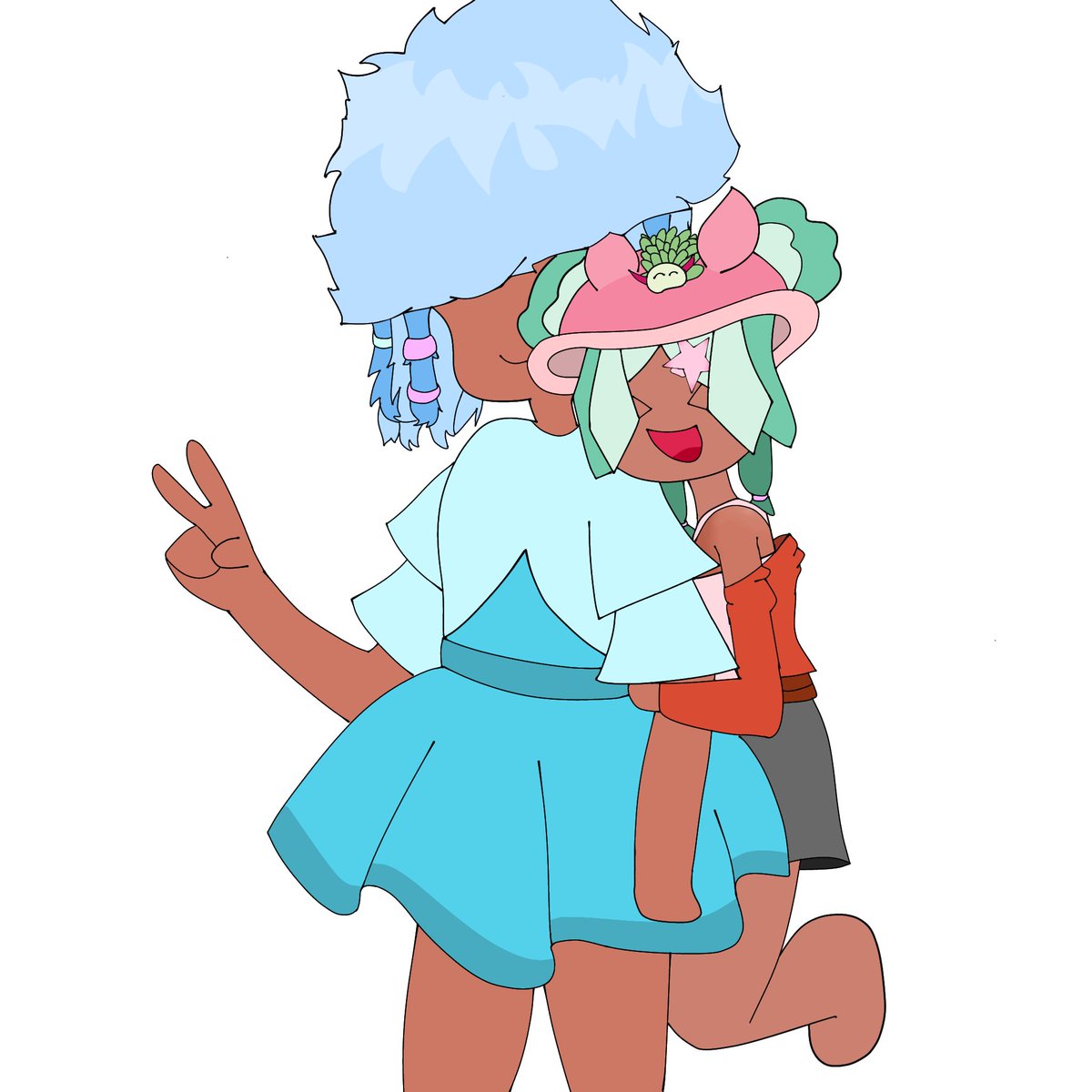 A drawing for my bestest friend on discord! 
She's having a birthday, so I drew her sona hugging her oc, Azule the fuzzy Jellyling! I suppose it was inspired by the fuzzy octoling from Splatoon but oh well. Happy birthday Fizzy!!!