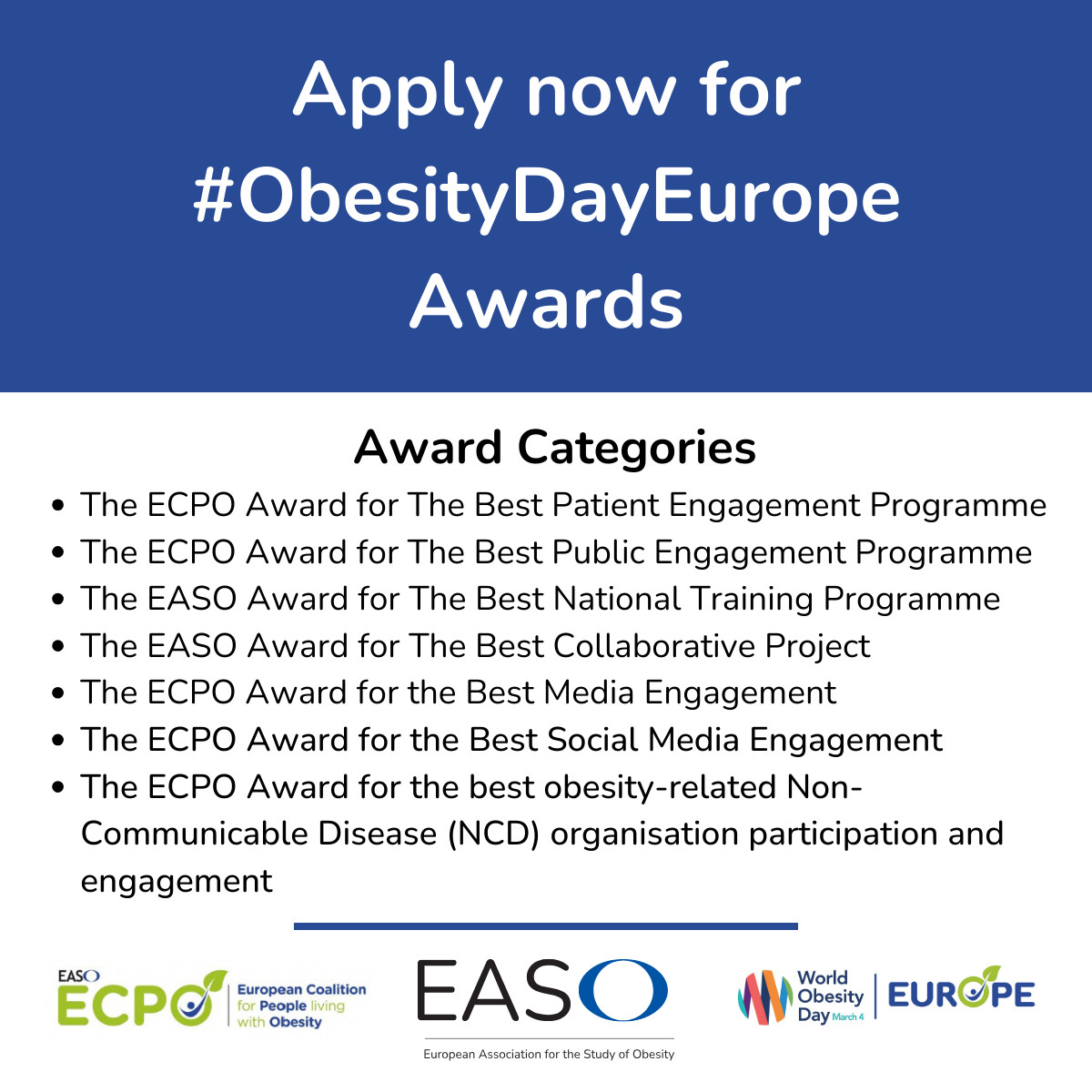 Joint @EASOobesity and @ECPObesity Award schemes woday.eu/grants-and-awa… are available for 2024. Apply now before the deadline: 6th May 2024 #obesity @ObesityDayEU @EASOobesityECN #WODEurope