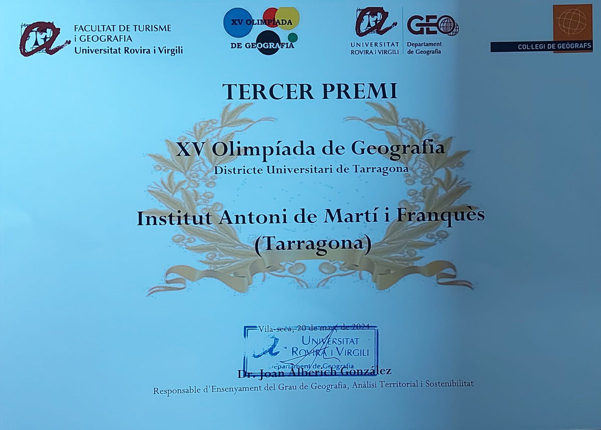 Ins_IAMF's tweet image. Enhorabona!
Alumnes de 2n de batxillerat de l'assignatura de Geografia han participat a la XV Olimpíada de Geografia a la @universitaturv . Hem aconseguit un 3r premi en la categoria d'equips amb una participació de més de vint centres. 
@geografiaURV