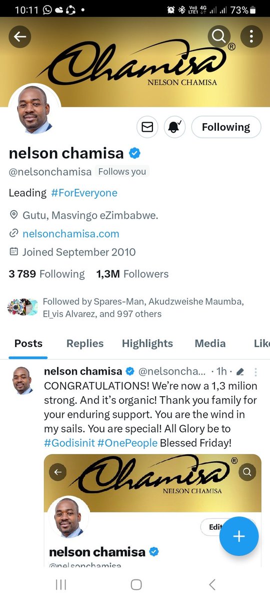 Appreciation post to President @nelsonchamisa follows me ❤️👌🇿🇼