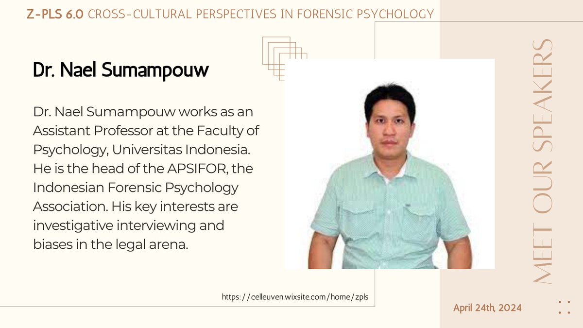 Introducing our 2nd #ZPLS speaker: Dr. Nael Sumampouw (@naeljos). He will educate us about forensic psychology training and practice in Indonesia. In this edition of the Zoom-Psychology & Law Symposium we present perspectives from different countries re: forensic psych discipline