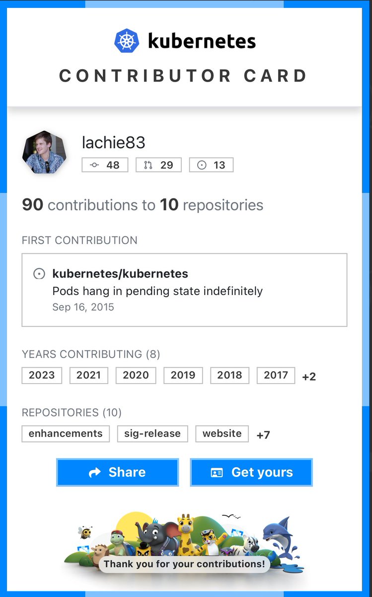 LachlanEvenson's tweet image. Happy #kuberTENes! Check out my #FirstContribution to Kubernetes #ContribCard