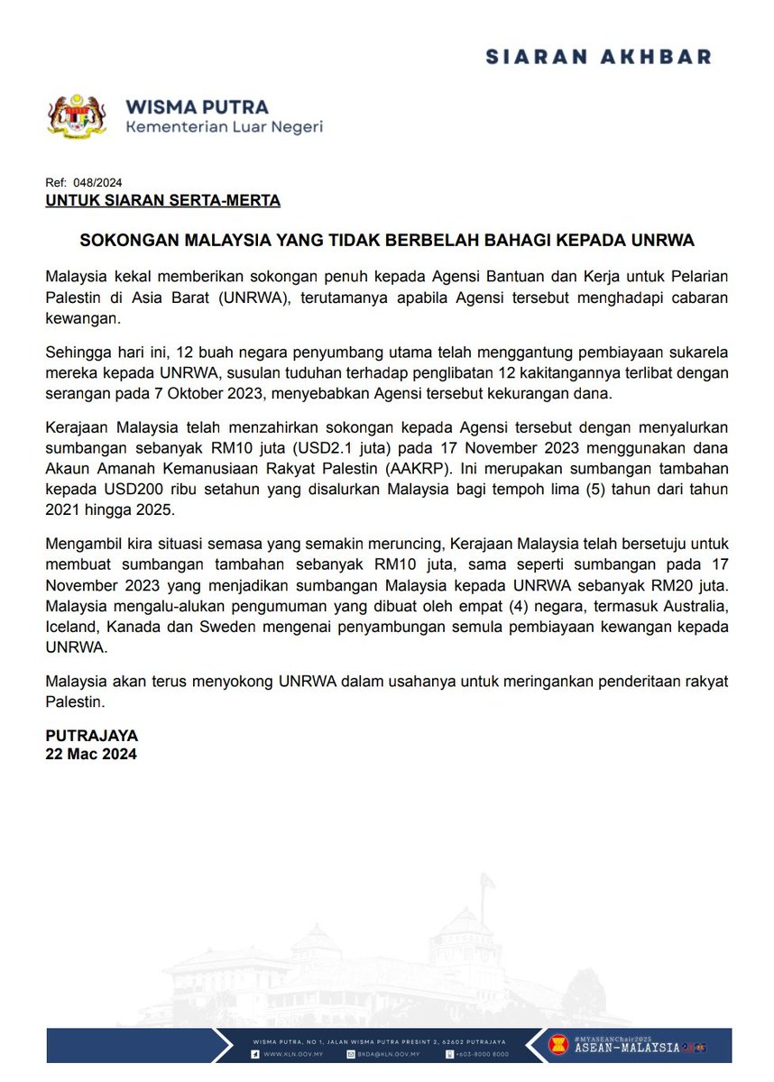 MalaysiaMFA's tweet image. PRESS RELEASE: MALAYSIA'S UNWAVERING COMMITMENT TO UNRWA