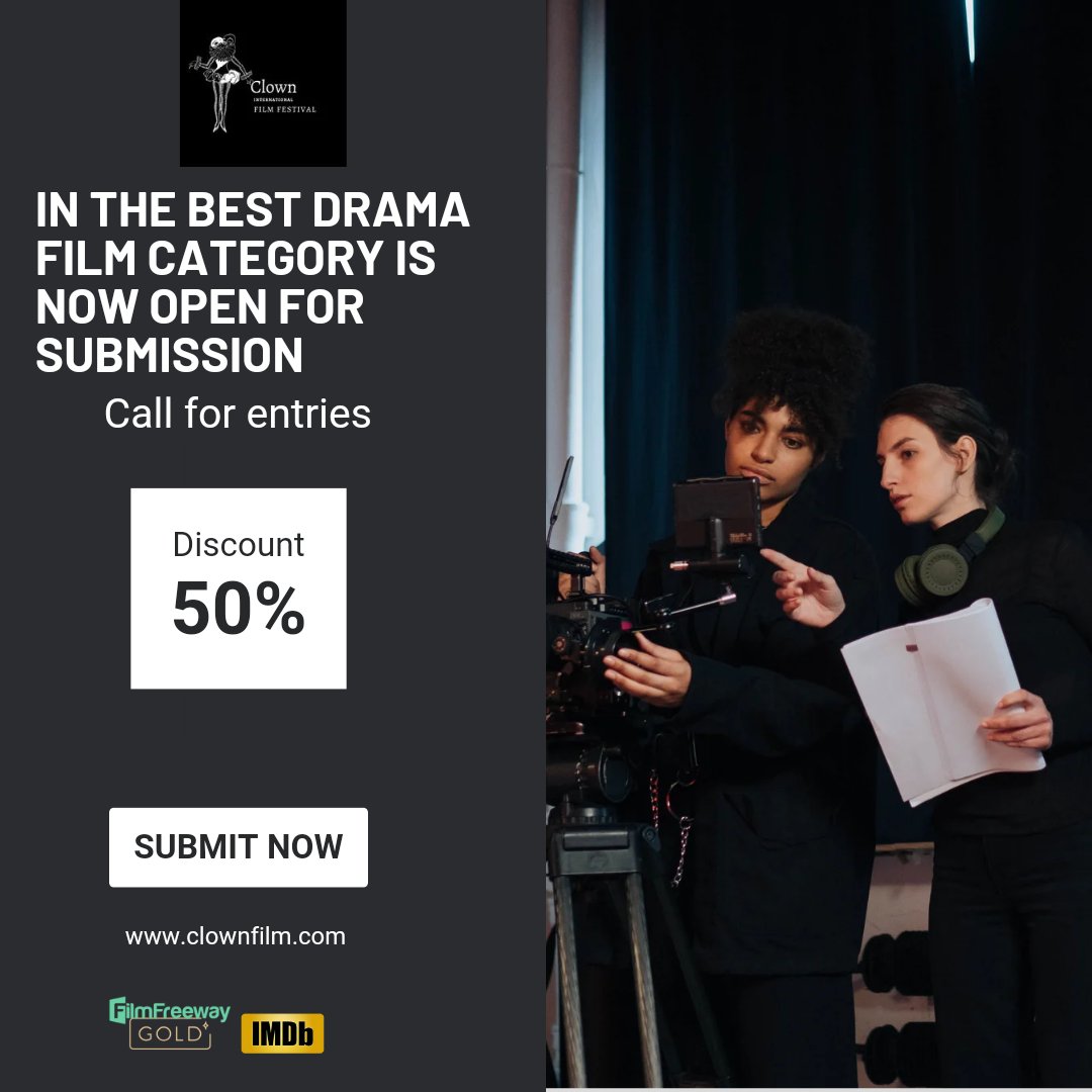 The submission for the best drama film category is now open. Discount code: CLOWN50 Submit your project via filmfrreeway #project #imdb #filmfreeway #submission #filmfestivals