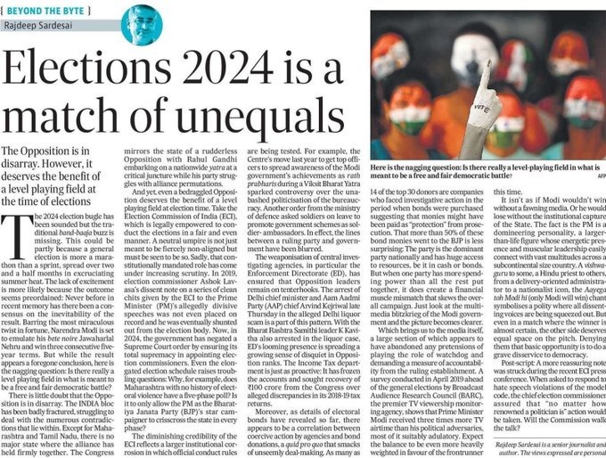 raviboseraju's tweet photo. Two opposition CMs arrested, bank accounts frozen, electoral bonds under scrutiny in #court, appointment of #Electioncommissions by govt majority. Do we even have a semblance of a level playing field? #Democracy at danger? This thoughtful article paints a picture of #India today. https://t.co/W10bkF53zZ