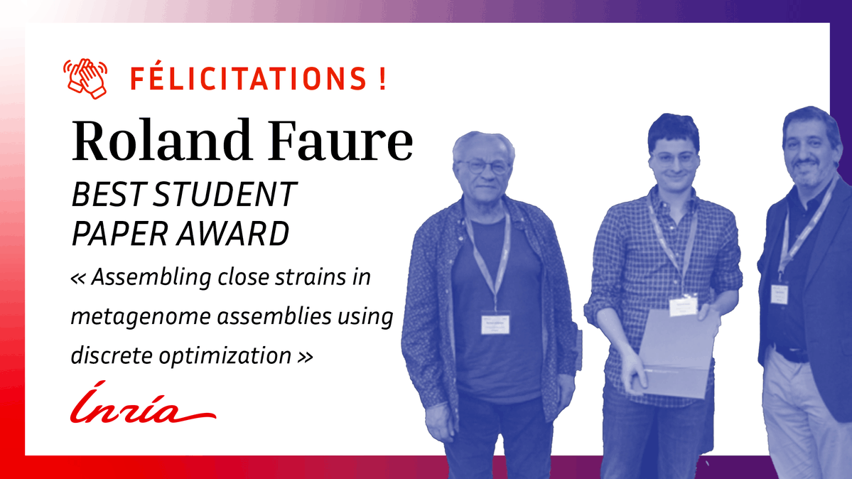 [Prix🏆]
Félicitations🎉 à Roland Faure (doctorant) &amp; Tam Khac Minh Truong (ancien stagiaire) de l'équipe <a href="/GenscaleTeam/">GenScale Team</a> qui ont reçu le prix du meilleur article étudiant co-écrit avec Rumen Andonov (Pr. <a href="/RennesUniv/">Université de Rennes</a>) présenté à la conférence BIOINFORMATICS 2024 à Rome🇮🇹 en février
