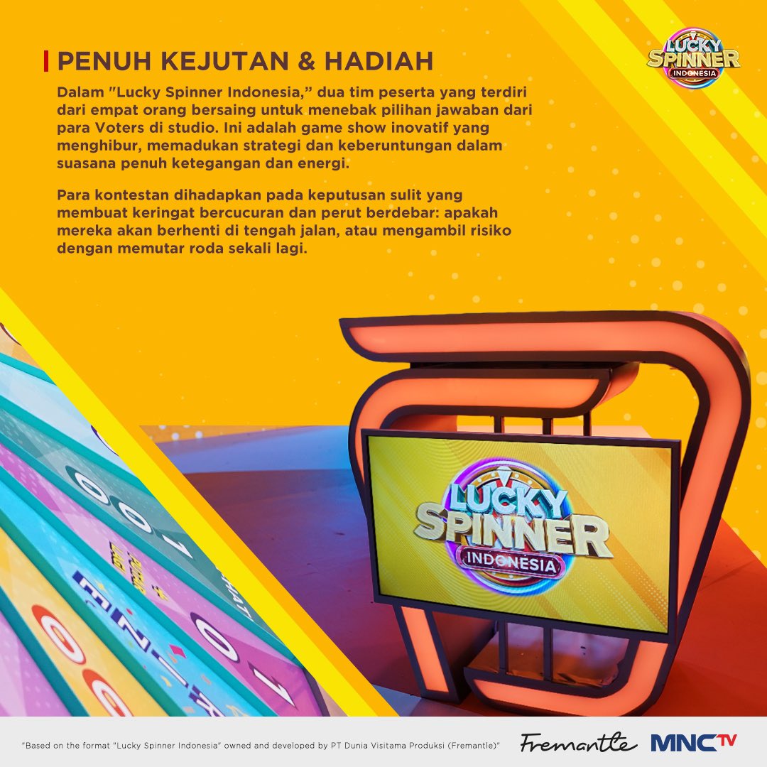 Game show baru yang seru dan rame akan hadir!🙌🏻✨

Buat yang belum tau Lucky Spinner Indonesia itu apa? Yuk kenalan dulu. Jangan lupa  baca postingan mimin ini yaa🥰

Yuk daftar sekarang juga🔥

#LuckySpinnerIndonesia #LSI2024 #LuckySpinnerID <a href="/Official_MNCTV/">MNCTV</a> <a href="/Fremantle_ID/">Fremantle Indonesia</a>