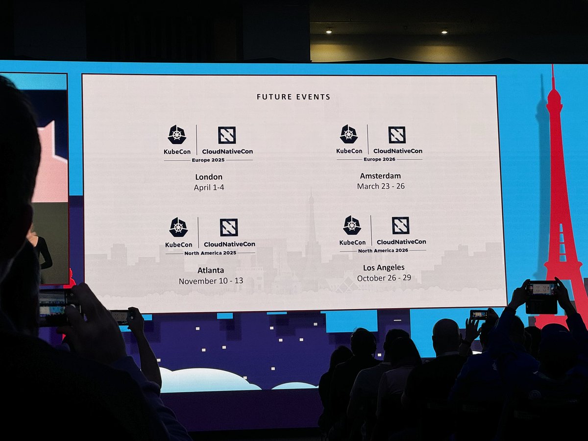 Kubernetes is a thing! Great overview of the past 10 years from @cra at #KubeConEU (with a shout to @JosephJacks_ for organising the original #KubeCon 🙌) And it looks like we’re heading to Amsterdam, Atlanta, and LA in the near future