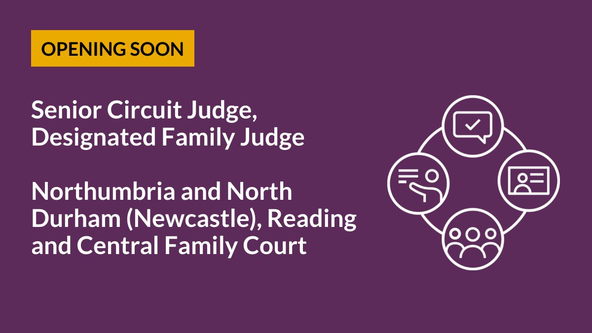 🚨📢OPENING SOON on Tuesday 26 March at 1pm - Senior Circuit Judge, Designated Family Judge. ➡️Great leadership opportunity in each location. ➡️Sign up for an exercise opening alert here: 👉eepurl.com/iHPShc ➡️Find out more and apply here: 👉apply.judicialappointments.digital/vacancy/uUK60r…
