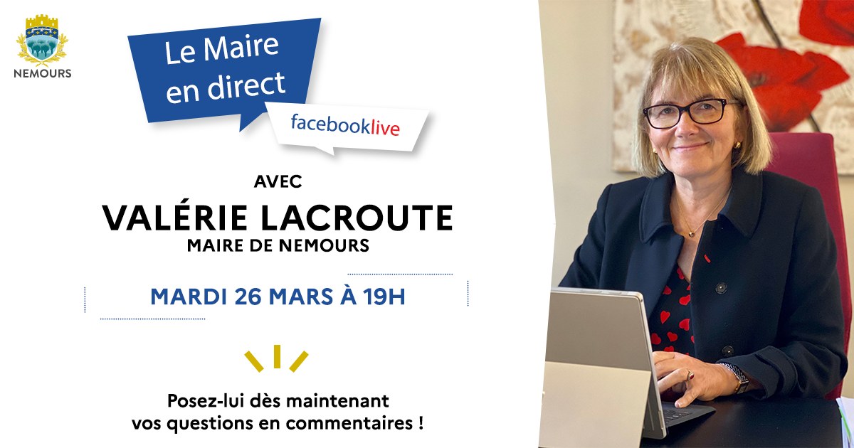 Ville de Nemours (@villedenemours) on Twitter photo 📢 Madame le Maire <a href="/VLacroute/">Valérie Lacroute</a> vous donne rendez-vous mardi 26 mars à 19h en direct sur la page Facebook de la ville de Nemours 📷facebook.com/VilleDeNemours pour un moment d'infos et d'échanges ! 📢 Madame le Maire <a href="/VLacroute/">Valérie Lacroute</a> vous donne rendez-vous mardi 26 mars à 19h en direct sur la page Facebook de la ville de Nemours 📷facebook.com/VilleDeNemours pour un moment d'infos et d'échanges !