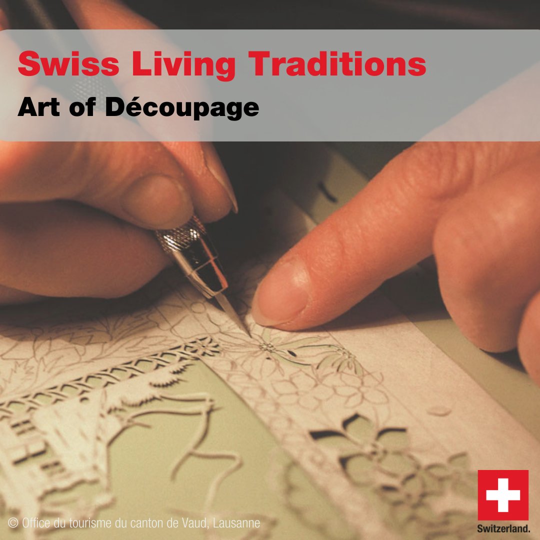 Since the early days, paper cutting has portrayed 🇨🇭 farmers’ lives, depicting symbols such as a cattle drive or wooden chalets 🐄 The art of découpage has been modernized though and current works take various forms ✂️