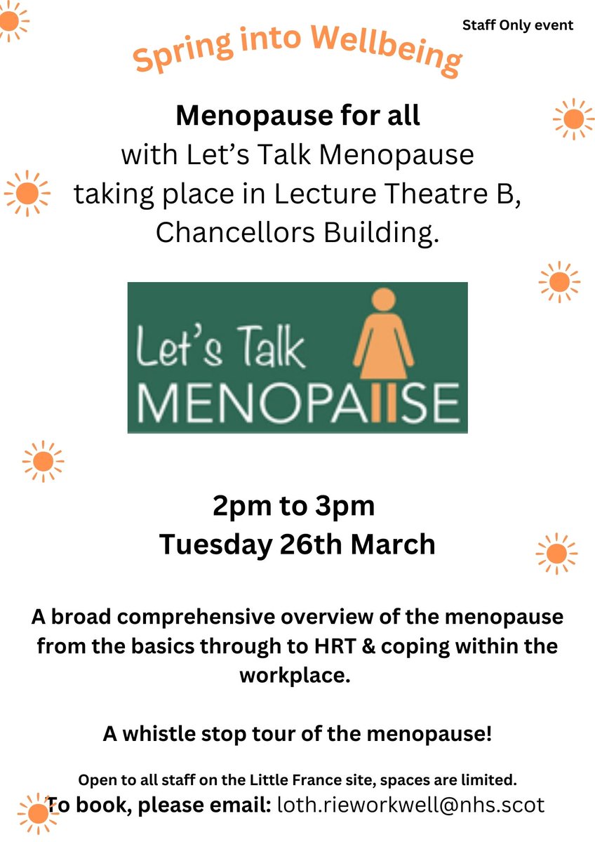Royal Infirmary of Edinburgh (@rie_lothian) on Twitter photo Spring into Wellbeing at the Royal Infirmary on Tuesday 26th of March.
There are multiple Wellbeing taster sessions for Staff Members taking place over the day, with two being led by the fantastic 'Let's Talk Menopause'.
Please book in by emailing: loth.rieworkwell@nhs.scot Spring into Wellbeing at the Royal Infirmary on Tuesday 26th of March.
There are multiple Wellbeing taster sessions for Staff Members taking place over the day, with two being led by the fantastic 'Let's Talk Menopause'.
Please book in by emailing: loth.rieworkwell@nhs.scot