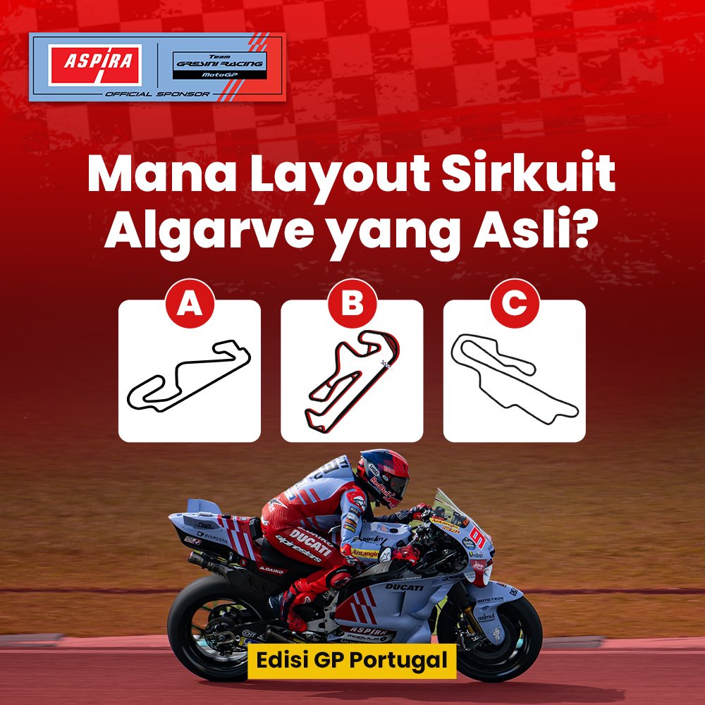 AspiraAstra's tweet photo. Ada yang tau Sob? Untuk Sobat Aspira yang udah tau layout dari sirkuit Algarve yang asli jawab di kolom komentar yuk!

#AspiraAstra #BikinTenang #MotoGP #PortugalGP #GresiniRacing https://t.co/WZQ2u0Eg7Z