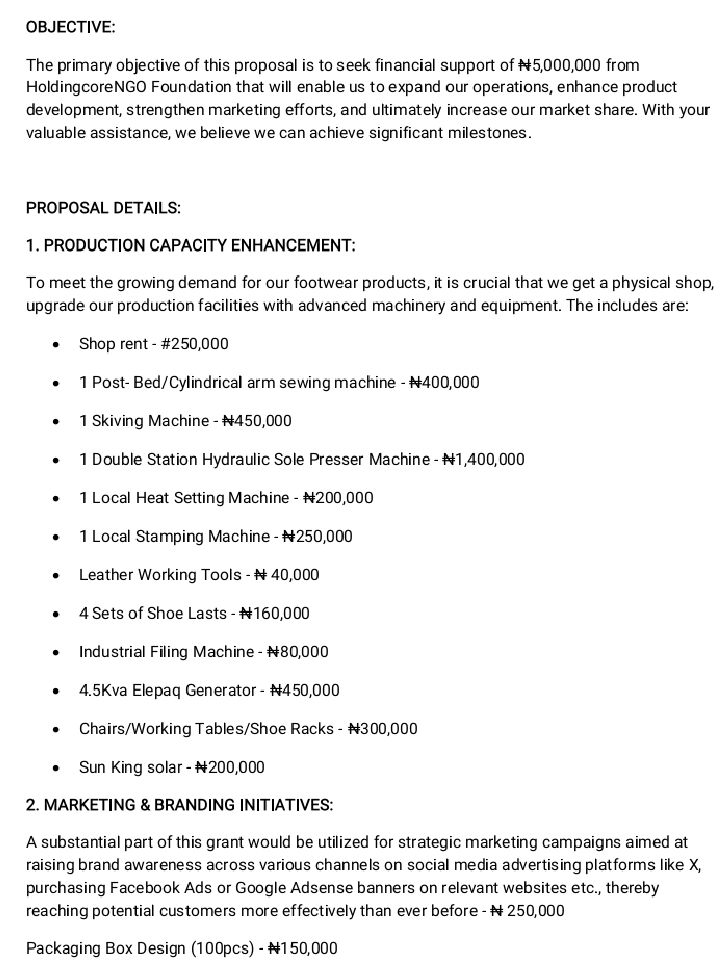 Neyux_2010's tweet image. Hi @Holdingcorengo @Thisissirhope, thank you for all you do. I am Adeyemi Adeniyi Abdul-Raheem, the owner of Neyux Shoes and I am from Ibadan, Oyo State. I make varieties of quality and ergonomic unisex footwears as well as orthopaedic ones. 
Attached here is my business proposal
