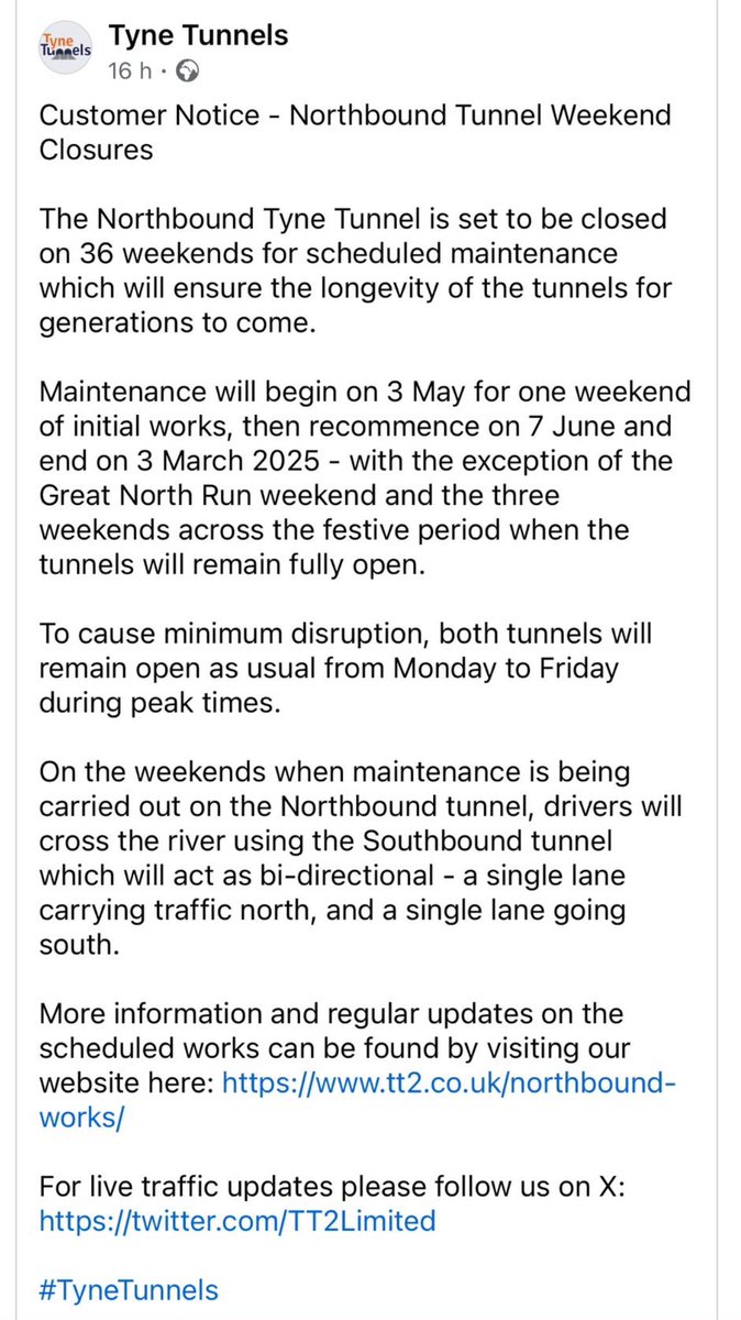 So the A1 is still a roadwork nightmare … the Tyne Bridge is going to one lane each way after Easter for 4 years… now they are shutting one of the tunnels on a weekend for 6 months … like who plans this stuff 🙄😩!?!?! #gridlock <a href="/TT2Limited/">Tyne Tunnels</a> <a href="/NewcastleCC/">Newcastle City Council</a> <a href="/ChronicleLive/">The Chronicle</a>