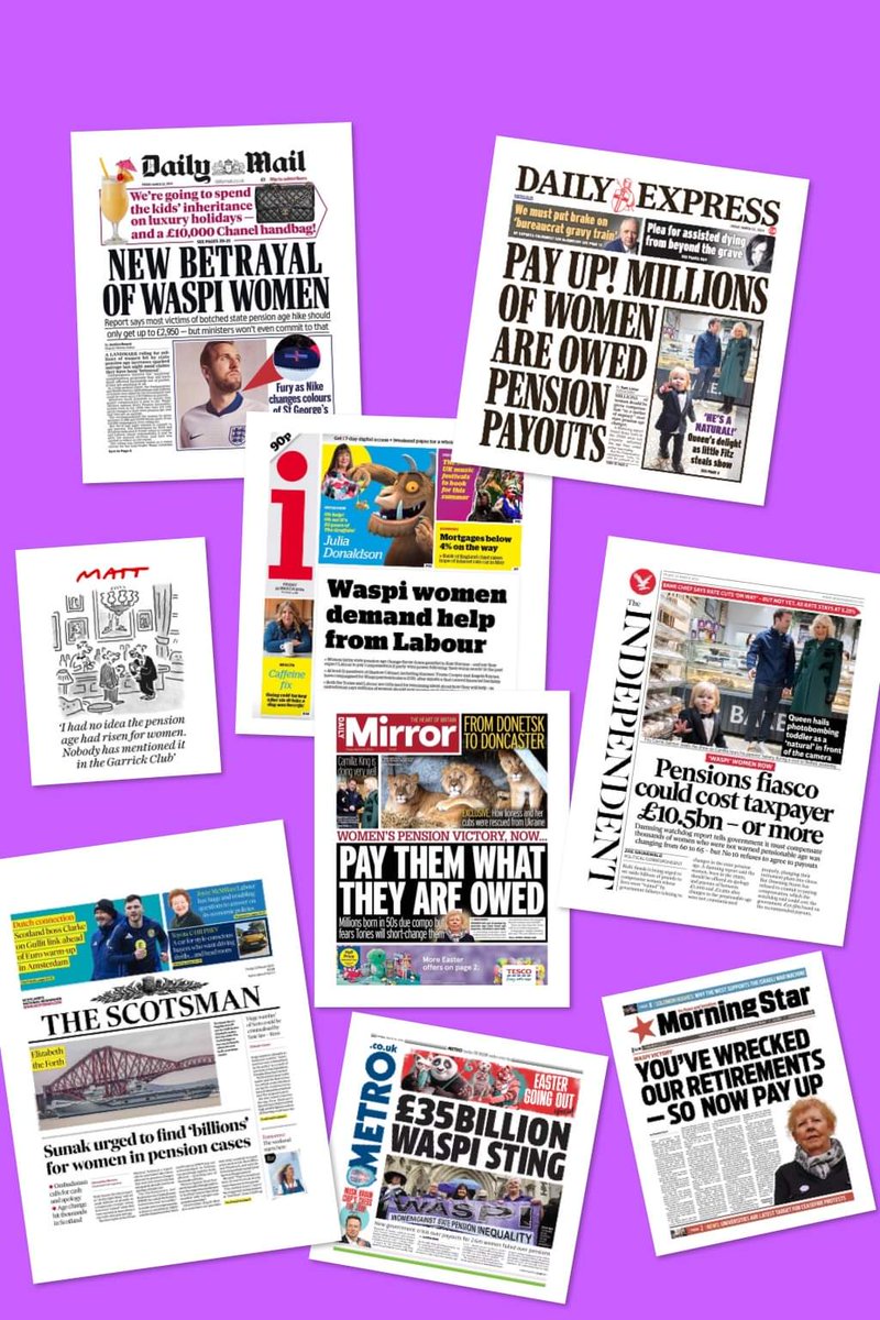 Baker_Ann_'s tweet photo. Eight front page headlines for the WASPI Campaign today, plus a Matt cartoon.
Great national coverage. Great post from @WASPI_Campaign ..at last we are not being ignored, it's time #government to pay up! @WASPI_2018 #WaspiWomen still trending today #justiceforWaspi #MPs https://t.co/dx4EyQrQR3
