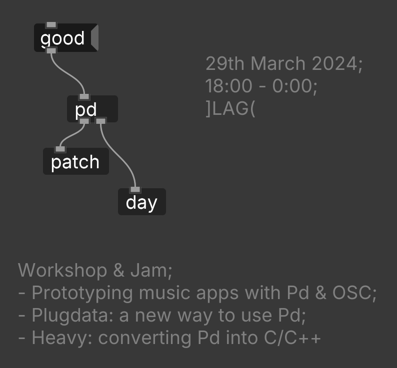 Next Friday we will host `Good PD Patch Day` at the ]LAG( in Amsterdam. A set of workshops and jams around Pure Data

radar.squat.net/en/event/amste…