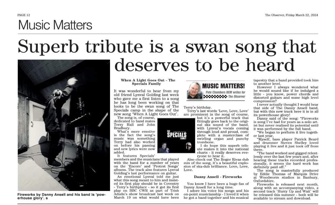 My latest Music Matters column in the @covobservernews @thespecials2 @lynvalgolding @dannyans @BBCCWR