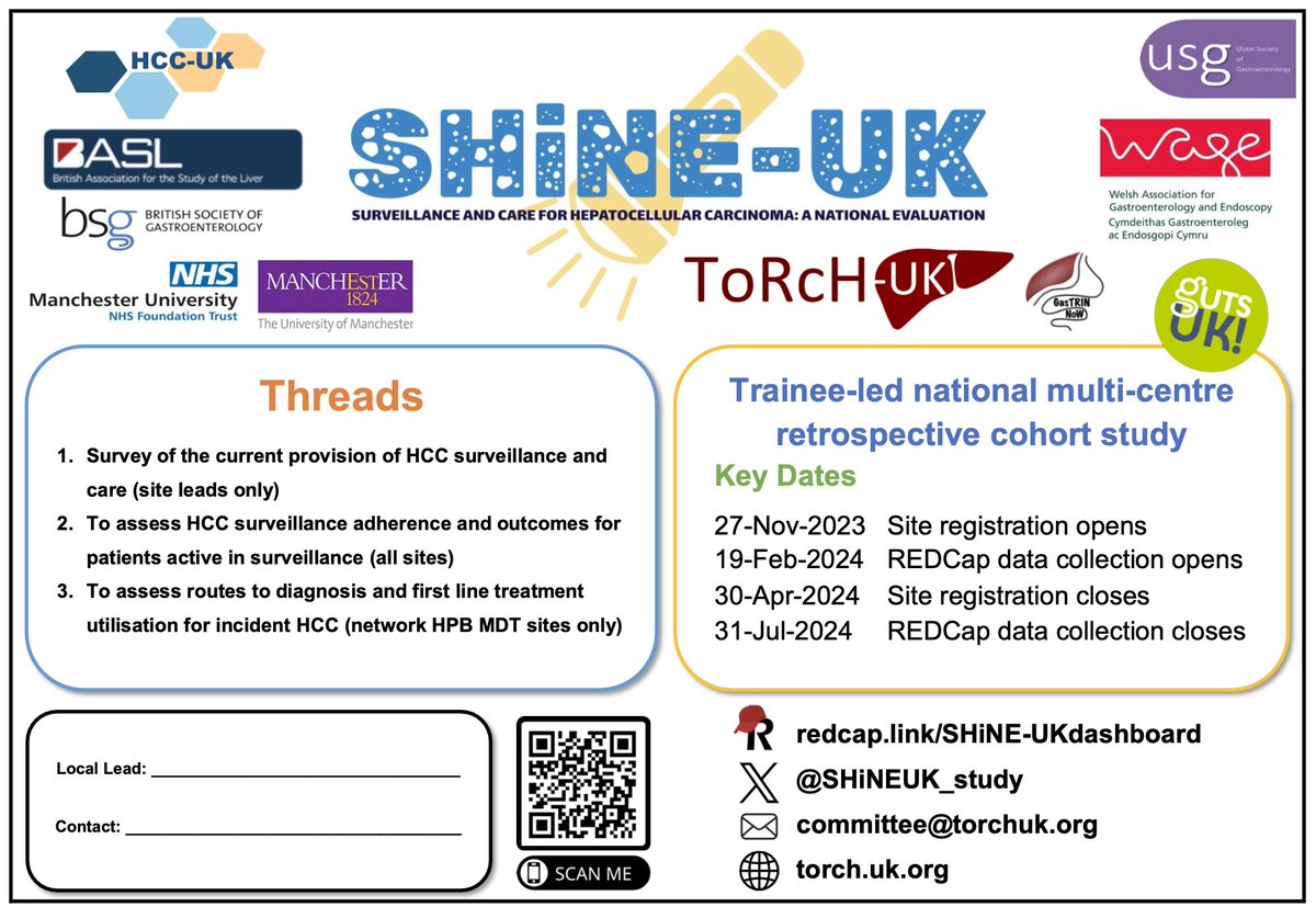 @UK_ToRcH project: @SHiNEUK_study a national evaluation of #HCC surveillance and care 🚨 36 hospital sites registered 🚨 Further collaborators encouraged to get involved! Site set-up guide and study docs here redcap.link/SHiNE-UKdashbo… #nhslongtermplan #core20plus5 #livertwitter