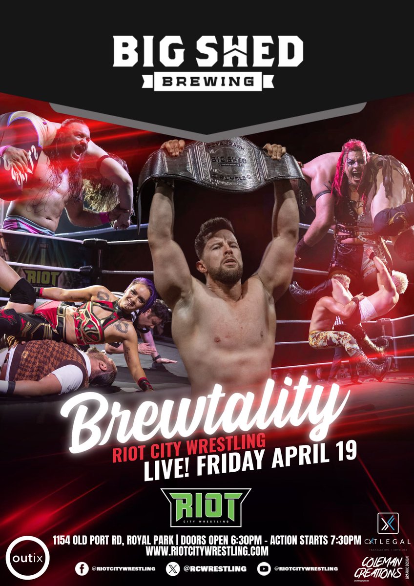 @riotcitywrestling presents #RCWBrewtality LIVE from @bigshedbeer 🍻💪 🎫 Tickets officially go sale THIS coming Wednesday 27/03/24 6pm ACDST: outix.co/tickets/event/… 🗓️ Friday, April 19th ⏰ Doors open 6:30pm | Event starts from 7:30pm 📍 1154 Old Port Rd, Royal Park