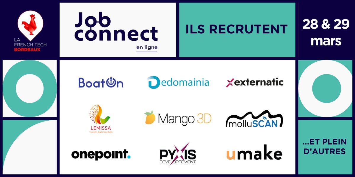 Postulez dans une entreprise innovante de #NAqui ! 
Ils recrutent au #JobConnect ! 🙌

Candidatez auprès de <a href="/BoatOn_Pro/">Paul BoatOn</a>, Dedomainia, <a href="/Externatic/">Externatic</a>, Lemissa, Mango 3D, molluSCAN-eye, <a href="/onepoint/">Onepoint</a>, Pyxis, Umake et d'autres ☝️

📆 28 &amp; 29 mars
Inscrivez-vous 👉 tinyurl.com/26fv4ehe