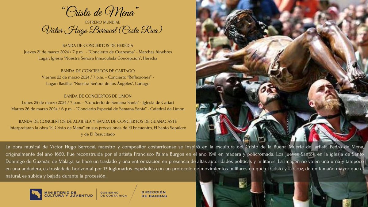 "Al Cristo de Mena" de Víctor H. Berrocal, marcha semifinalista del IV Concurso Internacional de Composición "Maestro Artola", será interpretada en Costa Rica por hasta seis bandas tanto en conciertos como en las procesiones del Encuentro, Sepulcro y Resucitado. 
#CofradíasMLG