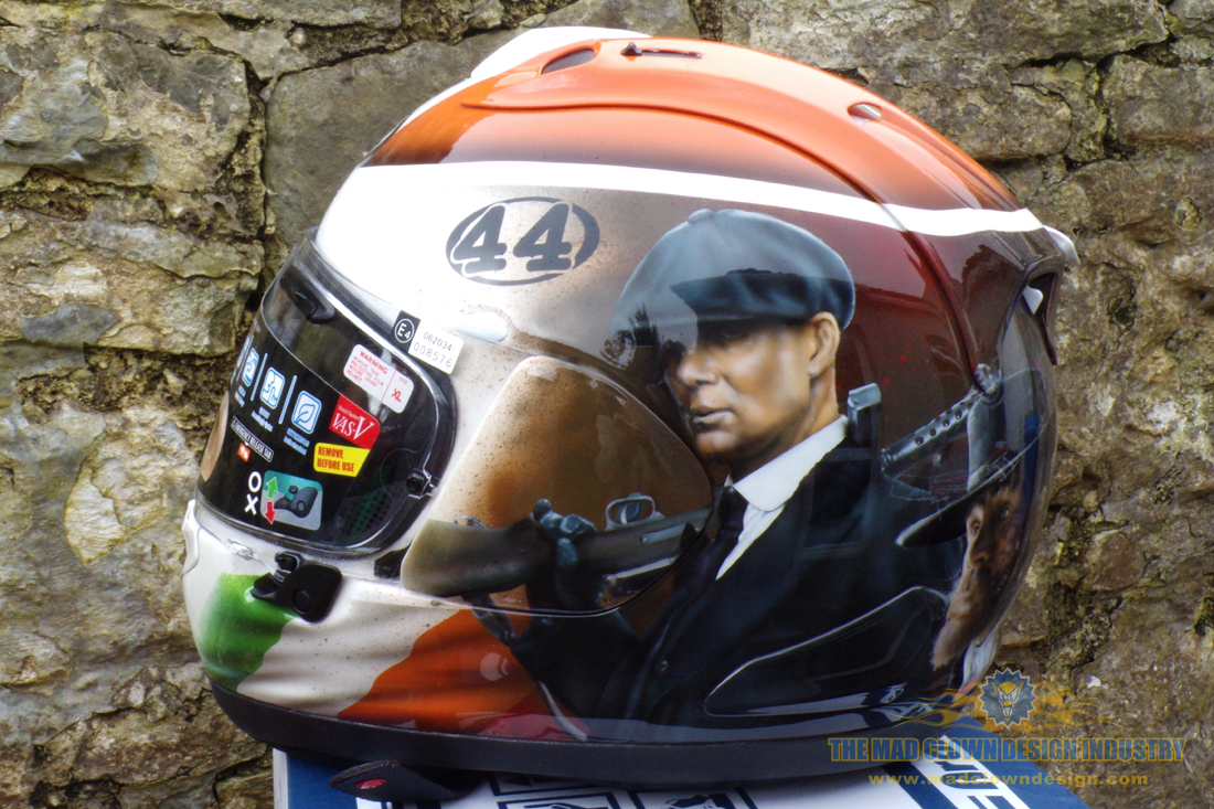 Still basking in #CILLIANMURPHY's successes, I recalled this morning a #PeakyBlinders helmet my husband painted for a customer. Lovin' the Cork Boy! @MadClownDesign