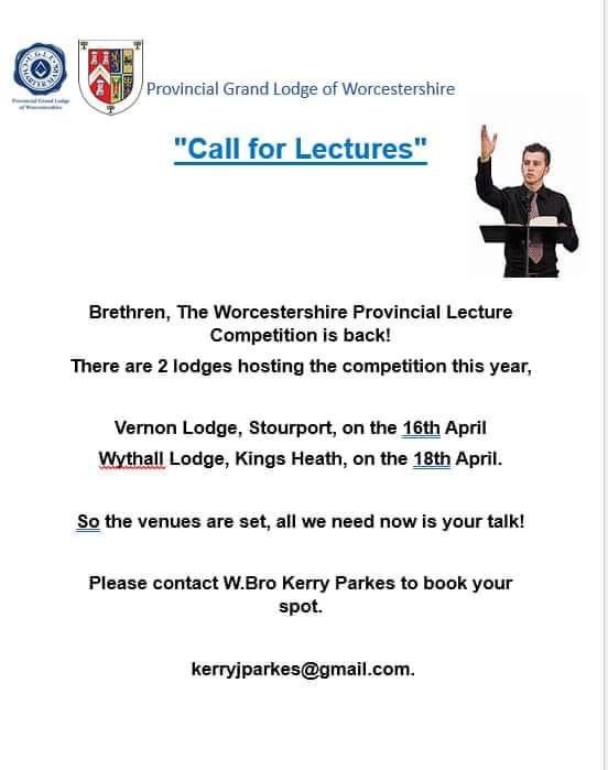 The Worcestershire Provincial Lecture Competition is back! Please contact Kerry for more information about participating and attending. Full details below... 👇📚