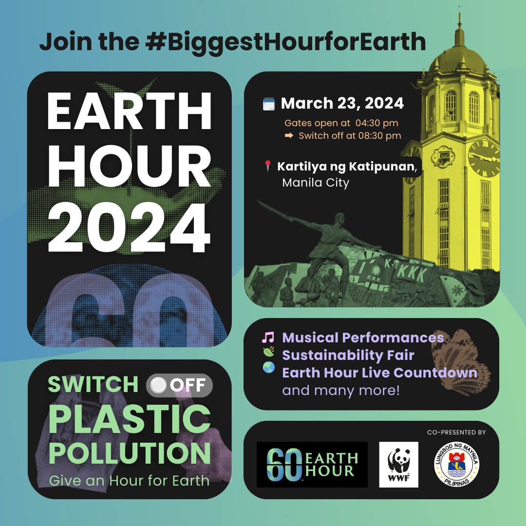 Be part of the #BiggestHourForEarth! Join Save the Children Philippines for #EarthHour on the 23rd of March, 8:30 pm, as we switch off lights and switch off plastic pollution at Kartilya ng Katipunan, Manila. Visit wwf.org.ph to learn more.