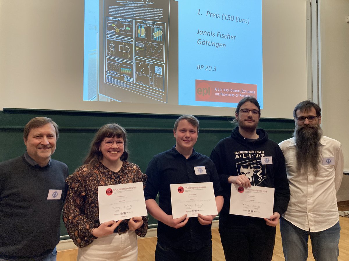 The #DPG #BiologicalPhysics division congratulates the #posterprize winners at #DPGB24 #DPG2024: Jannis Fischer @BetzLab (1st), @ClmentineFerra5 @c_bidan lab (2nd) and Yannic Veit @Laulab2021 (3rd). We also thank Europhysics Letters EPL @IOPPublishing for sponsoring the prize.