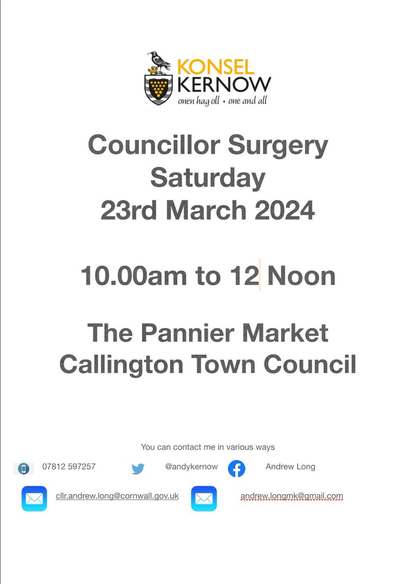 Tomorrow I am holding another <a href="/MebyonKernow/">The Party for Cornwall</a> <a href="/CallingtonTC/">Callington TC</a> <a href="/CornwallCouncil/">@cornwallcouncil</a> Surgery at the Pannier Market in Callington from 10am to 12 Noon