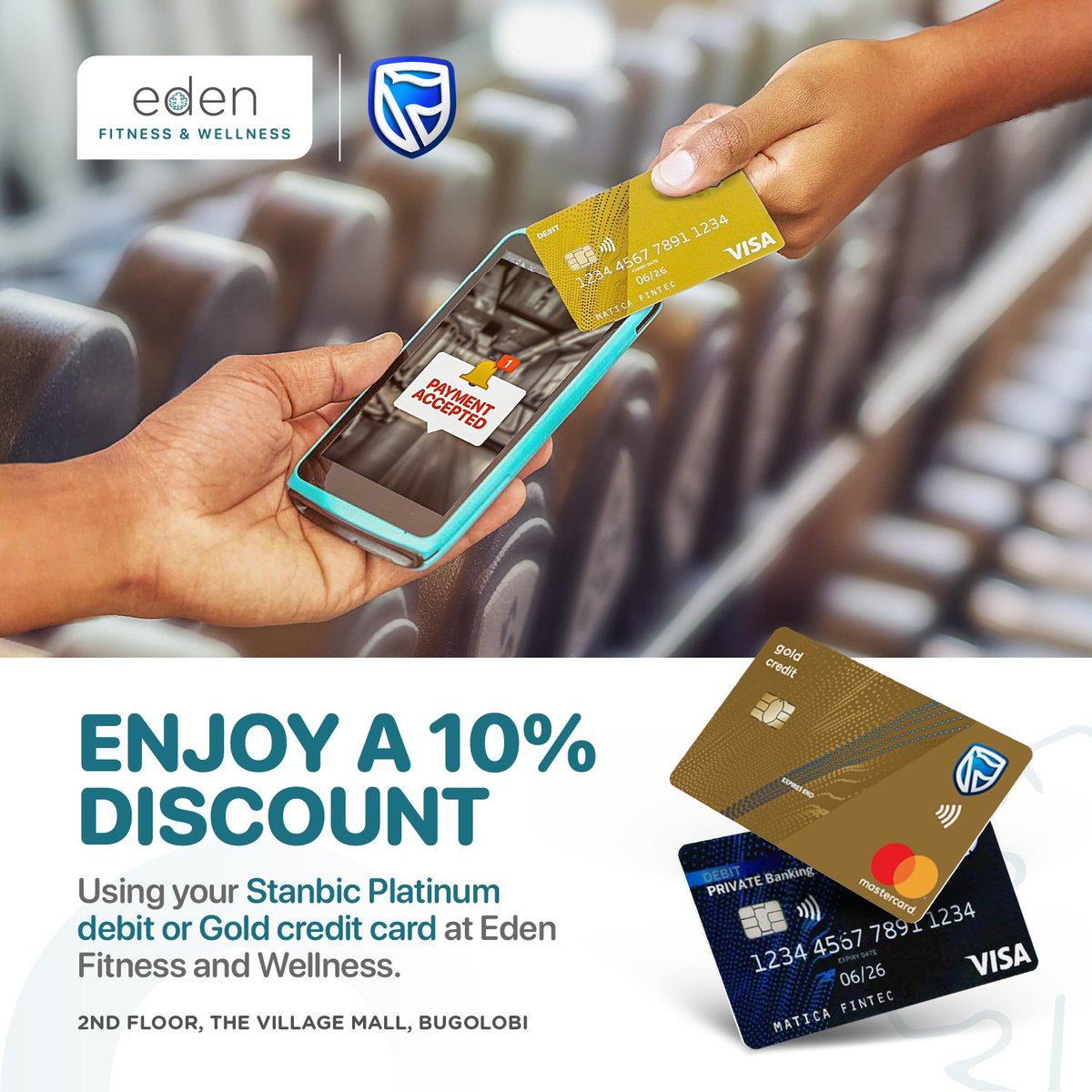 Make payment with your @stanbicug Platinum debit or Gold credit card at Eden Fitness & Wellness and enjoy a 10% Discount.
#gymclasses
#edengym #NewYearBetterYou
#kampala #Uganda