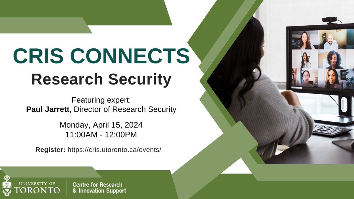 Join us on April 15 for the next session of CRIS Connects featuring Research Security. Ask expert Paul Jarrett all your questions about the new requirements introduced by the federal government to enhance research security.    Register: cris.eve.utoronto.ca/home/events/41…