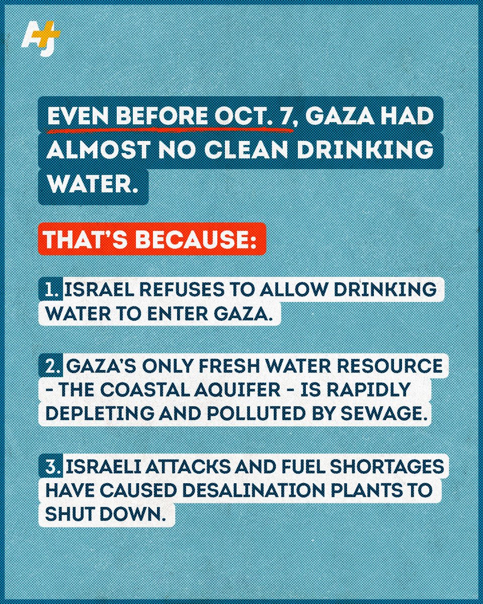 ajplus's tweet photo. Israel’s blockade of Gaza is causing a water crisis never seen before.

97% of Gaza’s water is unfit for human consumption, which means that Palestinians in Gaza are not just starving, they are also dying of thirst.
#WorldWaterDay https://t.co/8HnoXQgsbk