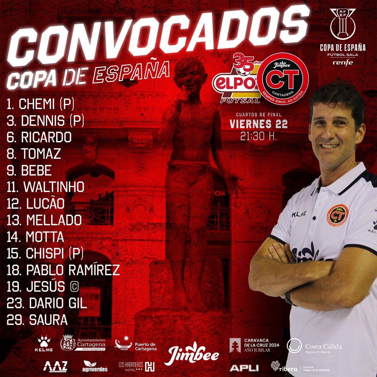 CONVOCATORIA | Estos son los 1️⃣4️⃣ guerreros convocados para los cuartos de final de la Copa de España de esta noche 💪🏼

#ElPozoJimbee #CopaDeEspaña