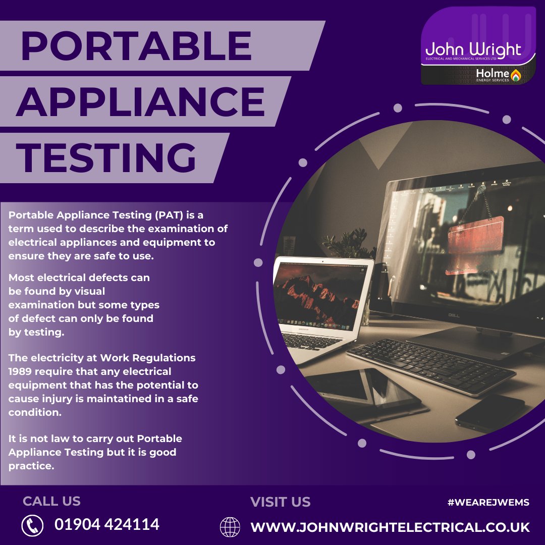 To book in your Portable Appliance Testing or get a quote contact Kelly on 01904 424114 or email K.Tinson@jwems.co.uk

#PAT #PortableApplianceTesting #WEAREJWEMS