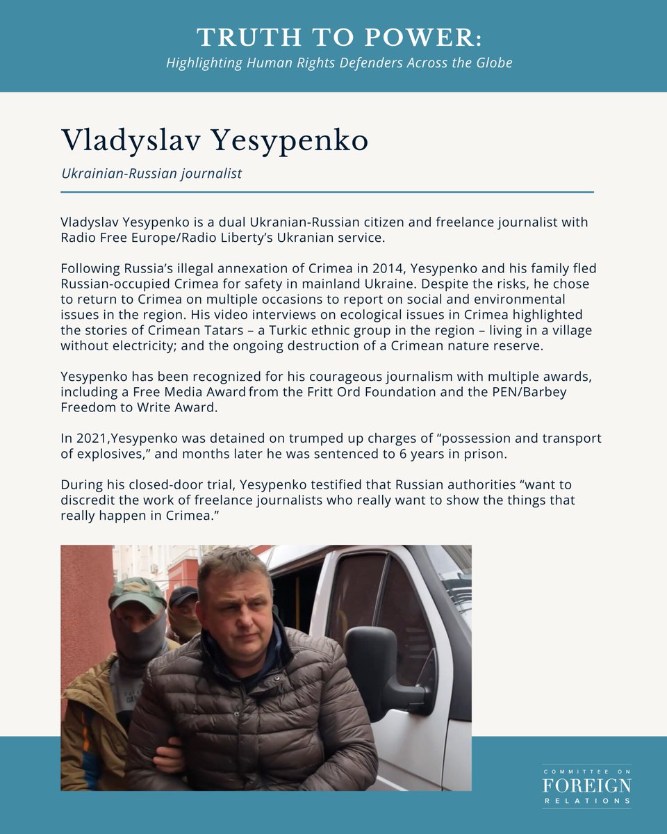 SFRCdems's tweet photo. As a @RFERL journalist, #HumanRightsDefender Vladyslav Yesypenko risked his life to report on Russia's illegal annexation of Crimea.
His award-winning reporting helped put a spotlight on environmental abuses in Russia-occupied Crimea.
Read his story in our #TruthToPowerSeries⬇️ https://t.co/8E3vyaDKpn