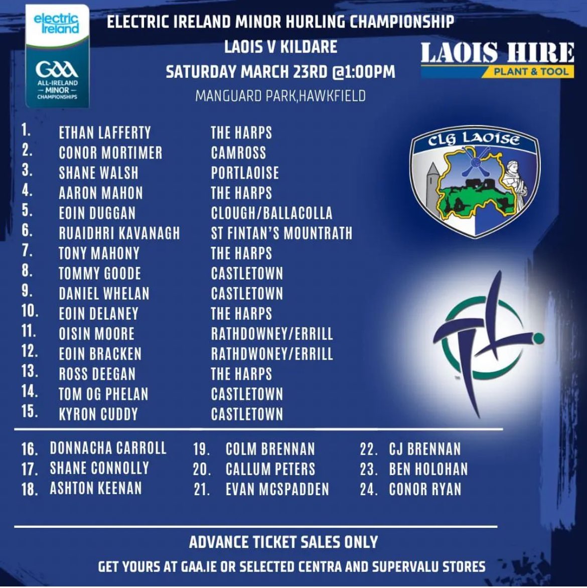 Best wishes to our lads named on the Laois Minor Panel for tomorrow’s Minor Hurling Championship game vs Kildare 🔵⚪️