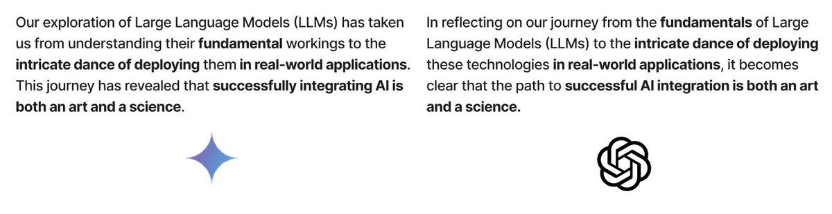 Prof_OZ's tweet photo. Asking @Google's Gemini and @openai's GPT-4 the exact same prompt tends to yield strangely similar responses which is always fascinating to me. I honestly wonder how this happens. Haven't tried with other large LLMs yet. https://t.co/F32hPCF9Dz