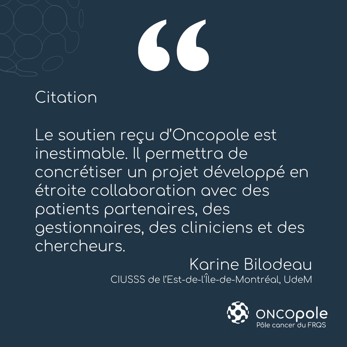 Félicitations à Karine Bilodeau pour l’obtention d’un financement dans le cadre du concours Priorité Patient. Le projet vise à anticiper et répondre aux besoins des personnes atteintes d’un #cancer du sang durant leur traitement. Plus d’infos 👉 oncopole.ca/projets-financ…