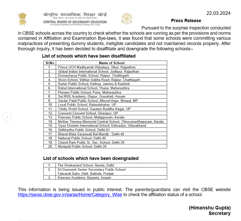 CBSE disaffiliates 20 schools after finding that these schools were committing various malpractices of presenting dummy students, ineligible candidates and not maintaining records properly: Himanshu Gupta, Secretary