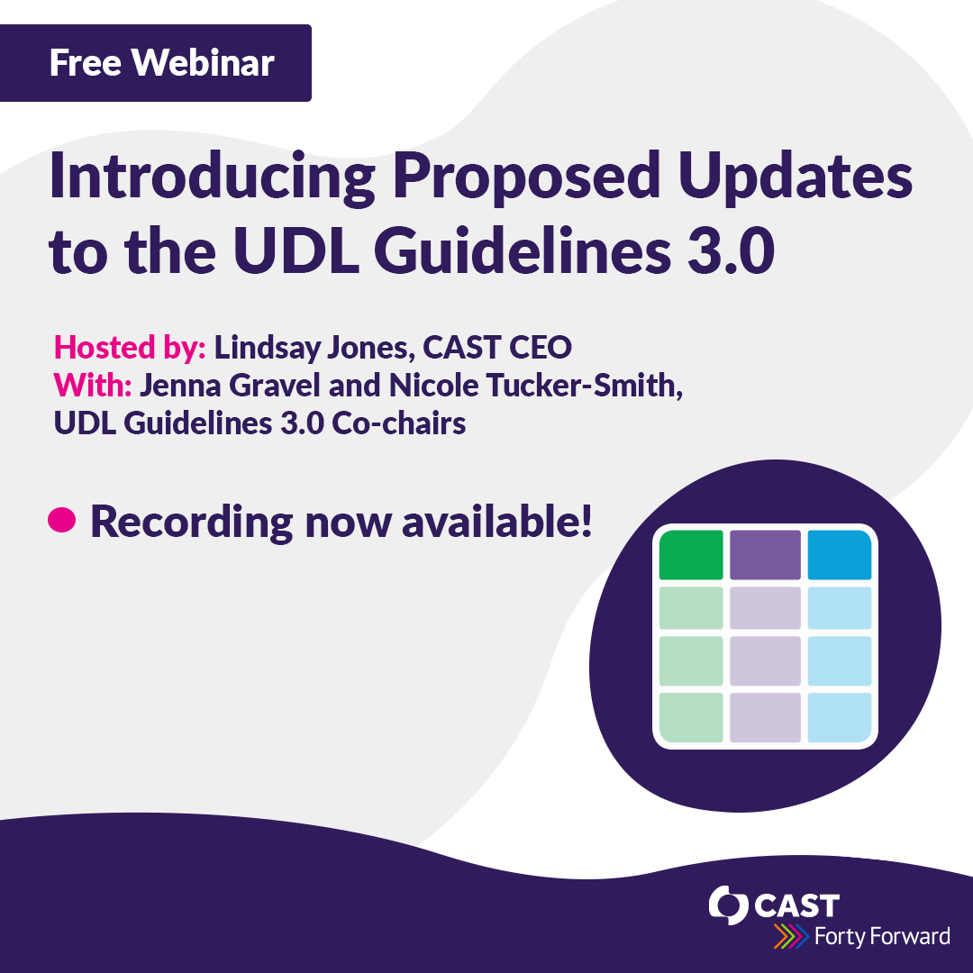 Missed our Guidelines 3.0 webinar? No worries! Catch up with the recording. Join CEO Lindsay Jones & UDL co-chairs Jenna Gravel & Nicole Tucker-Smith as they introduce the Full Draft of Proposed Updates. Share your thoughts by April 15! #cast_udl Watch: ow.ly/aqKq50QZzBm