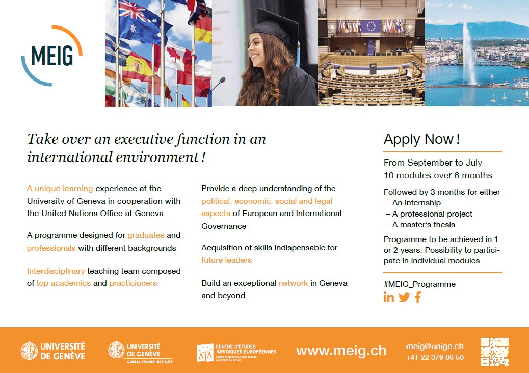 !!! IMPORTANT NEWS !!! It is still possible to apply. For the 2024-2025 academic year, applications are considered on a rolling basis. Find all necessary information under: meig.ch/admissions/app… Apply now! @UNIGEnews @UNIGEformcont @GSI_UNIGE @unige_en @CEJE_UNIGE @UN