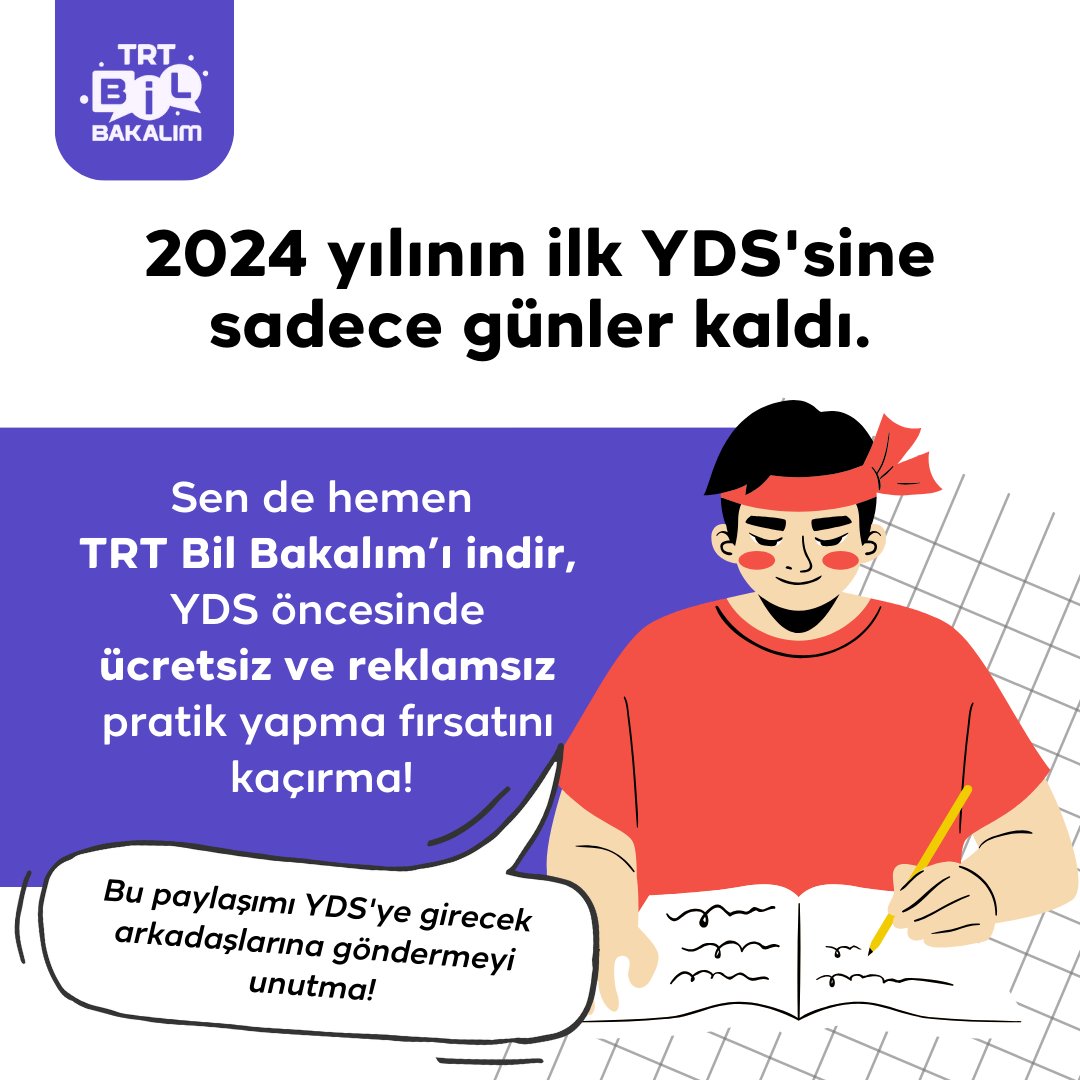 YDS'ye sadece saatler kaldı! ⏰ Son tekrarlar için hemen TRT Bil Bakalım'ı indir ve YDS etkinliğimize göz at! 👀 'YDS' etkinliği, Türkiye'nin ücretsiz ve reklamsız bilgi yarışması TRT Bil Bakalım'da! 📝 Hemen indir! ⏬ bilbakalim.onelink.me/2IRV/yukle #TRTBilBakalım #YDS