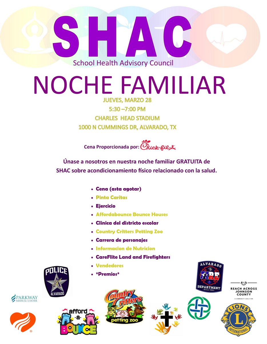Next Thursday, March 28, is our annual SHAC Family Night at Charles Head Stadium! Come join us for fun before the 3-day weekend! #AlvaradoExcellence