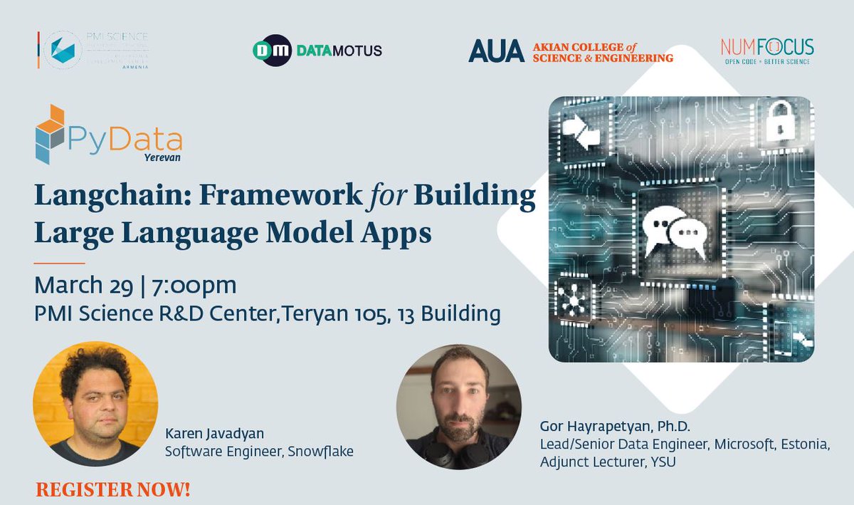 pydata_yerevan's tweet image. 1/3 🔔Join us at #PyDataYVN meetup on “Langchain: A Framework for Building Large Language Model Apps” on March 29th, at 19:00, in the PMI Science R&amp;amp;D Center (Teryan 105, 13 building): forms.gle/v7BEgiRXi7oZ41… 

The talk will be featured by Karen Javadyan and Dr. Gor Hayrapetyan.
