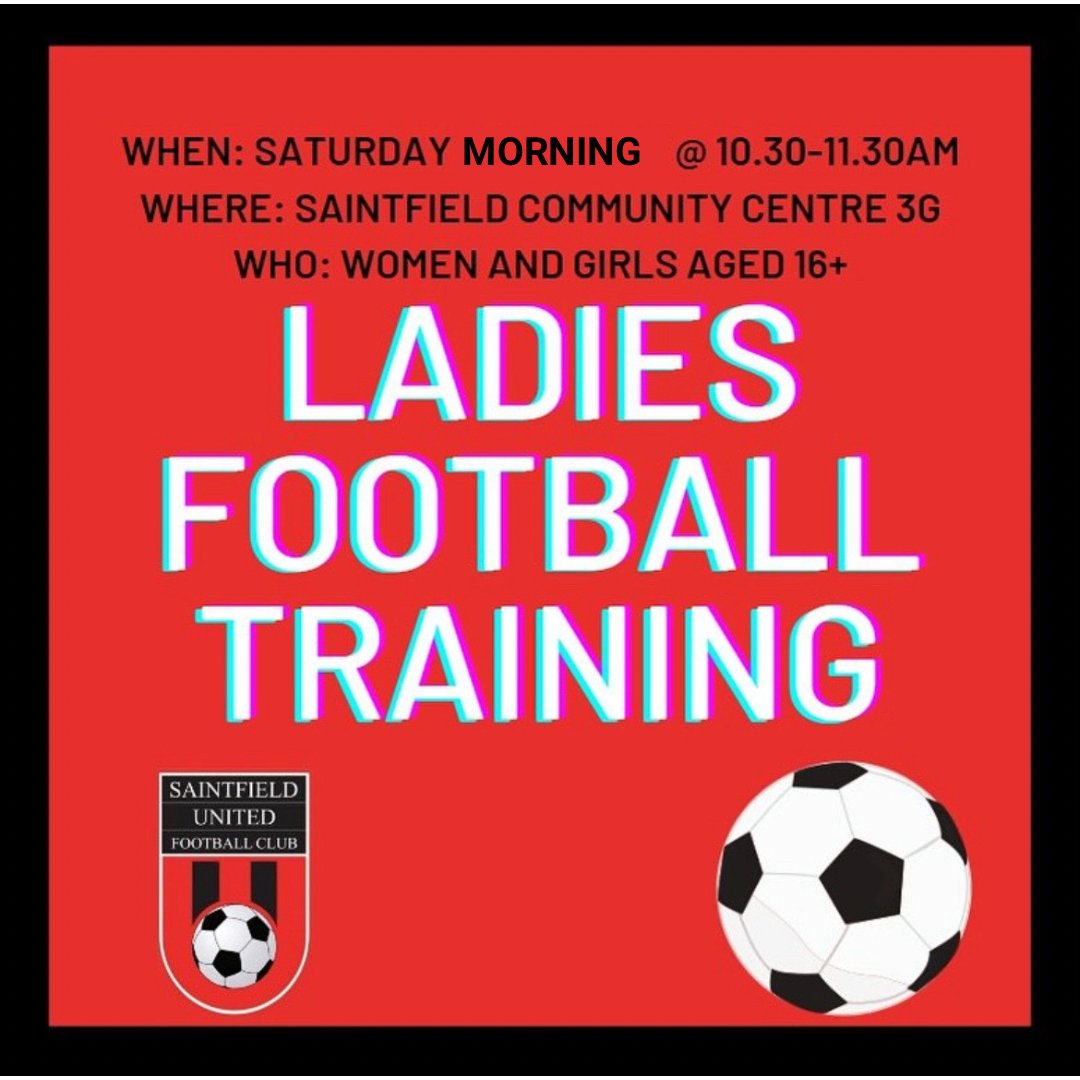 Ladies Training Saturday Morning. 

Drop us a message if you’re thinking of coming down!!!

If you have any queries please send a DM to our social media account or send an email to our club email account (saintfieldunitedfc@gmail.com)

🔴⚫🔴⚫🔴⚫🔴⚫🔴⚫🔴⚫🔴⚫