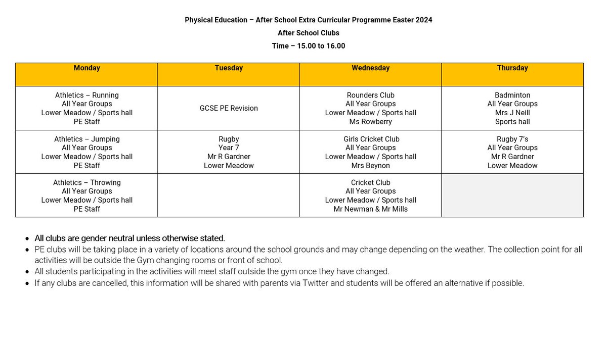 After Easter we will start our Summer Sport Clubs - Please find attached. After school clubs: